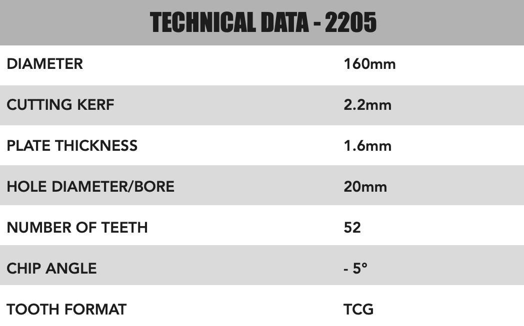 160mm x 20mm x 2.2mm (Ali) 52T TCG Neg Rake Track Saw Blade - 2205