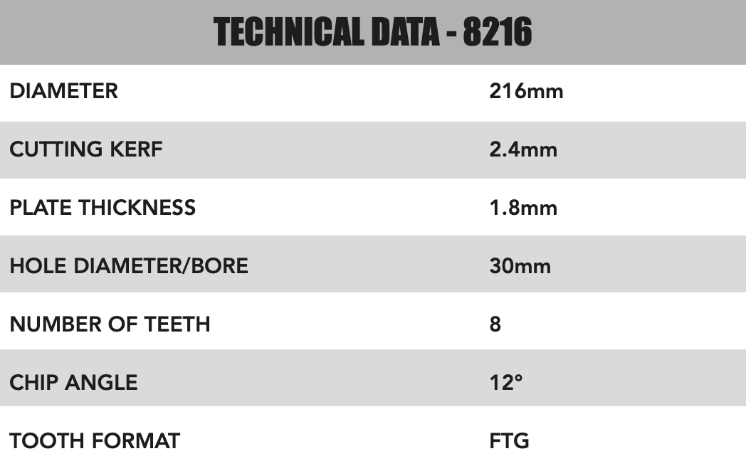 216mm x 30mm x 2.4mm 8 Tooth PCD Cement Fibre Board Blade 8216