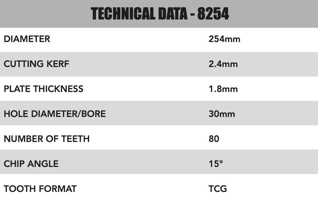 254mm x 30mm x 2.4mm 80 Tooth Triple Chip (MFC & Laminates) 8254