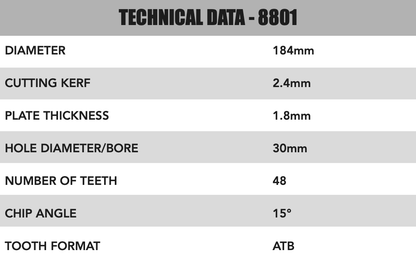 184mm X 30/20mm X 2.4mm 48 Tooth ATB saw Blade - 8801